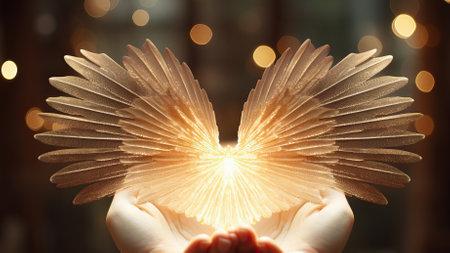 Beautiful little wings like a lamp glow with a warm yellow light in a dark room like a nightlight.の写真素材