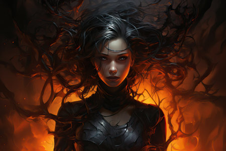 Artistic drawing of a girl with black hair against a background of tree roots and bright red color,...
