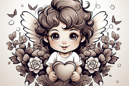 Little painted angel on white background with flowers in hands, illustration for greeting card.の写真素材