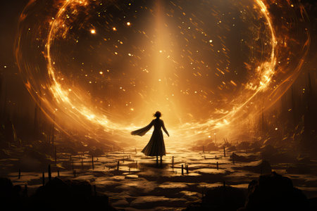 Silhouette of a person standing in front of a fiery bright and glowing circle, abstract and fantastic circle with a person.の写真素材