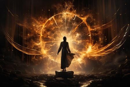 Silhouette of a person standing in front of a fiery bright and glowing circle, abstract and fantastic circle with a person.の写真素材