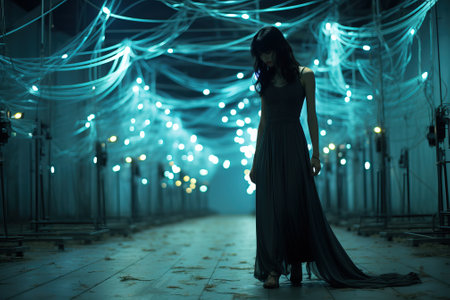 Unusual photo of a girl in a night glow with a dark background, abstract photo.の写真素材