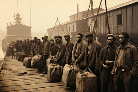 People stand on the wharf with luggage and wait for a steamship.の写真素材