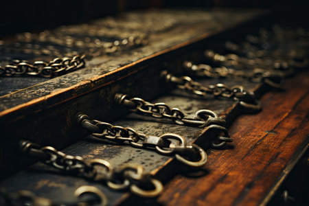 Table with short chains with hooks attached to it, close-up picture.の写真素材