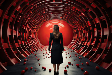 Businesswoman standing in an abstract tunnel, woman with her back turned.の素材