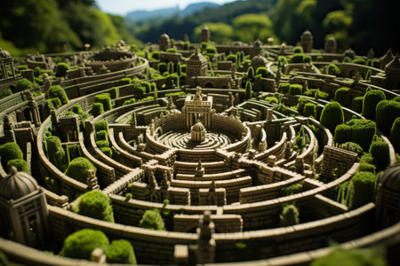 Large round maze top view, concept of difficult decisions in life or work, round labyrinth.の素材