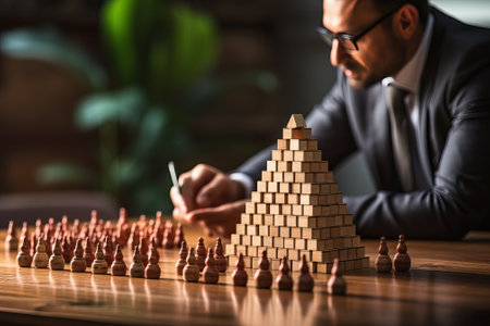 A man wearing glasses sits at a table with a wooden pyramid and other small wooden figures, playing a pyramid game.の素材