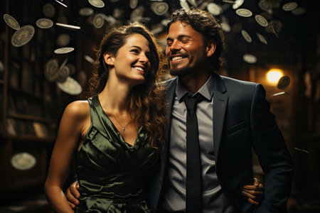 Happy business couple after a successful deal and making a lot of money, people are happy with money. Cash falling from above.の素材