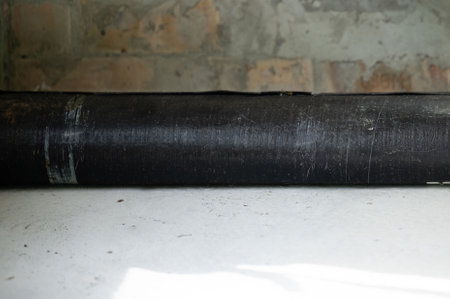 A roll of bitumen roofing material lies on a concrete floor, preparation for covering the floor with bitumen.の写真素材