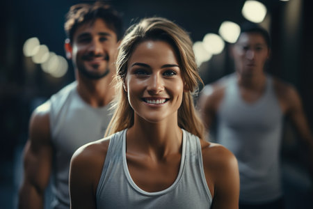 Portrait of a man and a woman in a fitness club, sporty man and woman, fitness training in a sports club.の素材