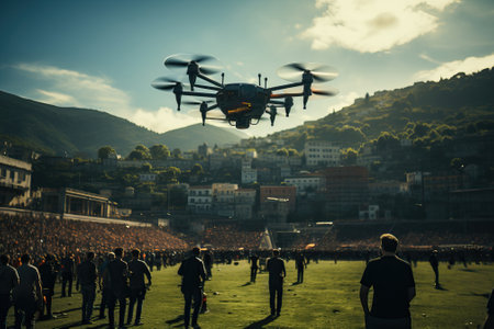 A huge drone flies low over people, with mountains and houses in the background, a large research drone.の素材