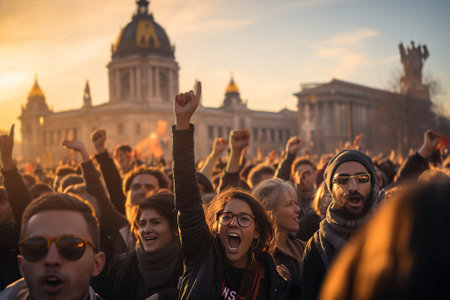 Peaceful rallies of young people in the cold season, people shout at the rally.の素材