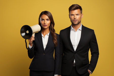 Portrait of a man and a woman holding a megaphone on a yellow background with copy space, business people style.の素材