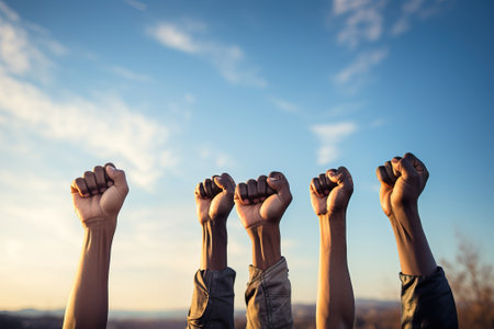 Group of people holding hands with clenched fists against the sky background, concept of victory and strength, hands of people of different nationalities.の素材