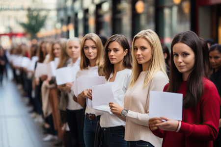 Young girls holding a poster mockup, concept of strikes or rallies, people on the street rallying.の素材