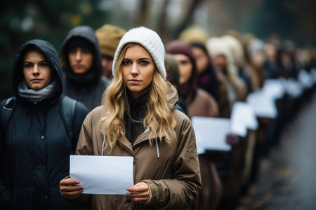 Young girls holding a poster mockup, concept of strikes or rallies, people on the street rallying.の素材