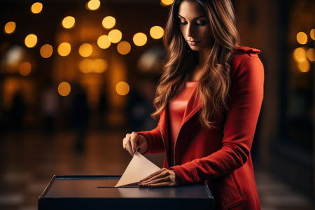 A person throws a piece of paper into a ballot box, the concept of voting, a person and their choice.の素材