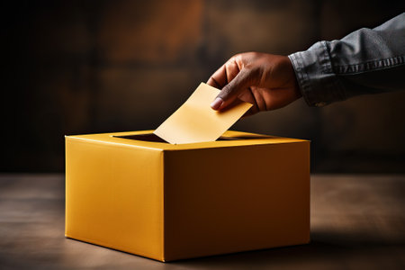 A person throws a piece of paper into a ballot box, the concept of voting, a person and their choice.の素材