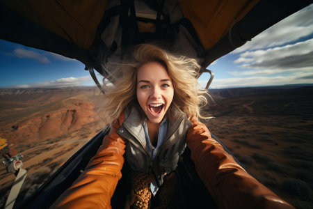 A blonde tourist girl smiles broadly from the emotions she received during a hot air balloon flight, flying in a balloon above the ground.の素材