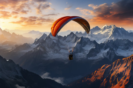 A man's flight with a parachute over the beautiful peaks of the mountains, tourism in the mountains with a parachute.の素材