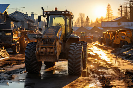 Tractors go to the field early in the morning, large agricultural machinery.の素材