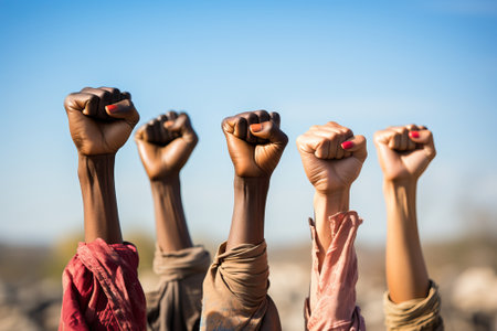 Group of people holding hands with clenched fists against the sky background, concept of victory and strength, hands of people of different nationalities.の素材