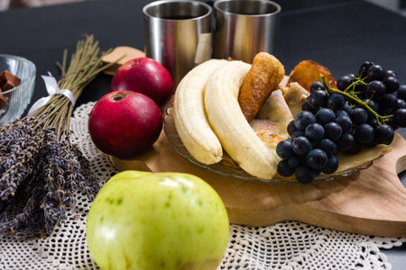 Breakfast with pancakes, fruits, and coffeeの写真素材