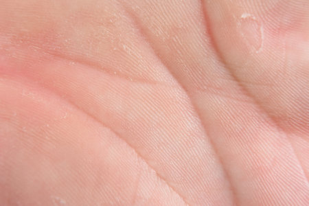 Detailed macro photograph revealing the intricate lines, ridges, and unique texture of skin on the human palm.の写真素材