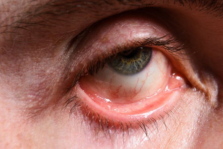 Detailed macro shot of a human eye showing redness, irritation, and visible blood vessels. The image highlights the delicate structures of the eye and potential health concerns.の写真素材