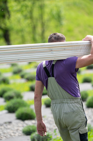 A male worker carries boards for sheathing a gazebo in a lavender field, wood installation work.の写真素材