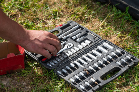 A set of bits for driving screws of various sizes and thicknesses, a set of tools for a carpenter.の写真素材