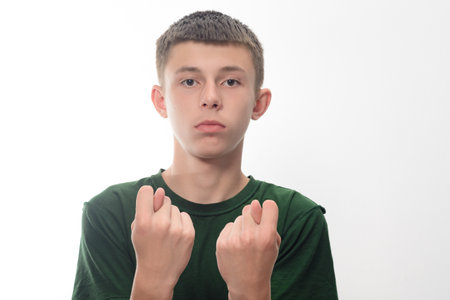 A portrait of a teenage boy with short brown hair, wearing a dark green t-shirt, against a white background. He's making a gesture with his hands, possibly wishing or hoping.の写真素材
