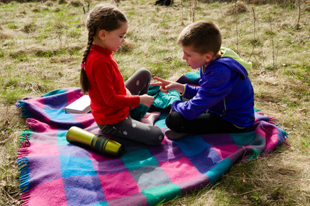 Two young children sit on a colorful blanket in a grassy field, engaged in a game. Sunlight illuminates the scene, creating a cheerful atmosphere.の写真素材