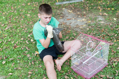 A young boy sits on the grass, wearing gloves, cleaning his pet bird's cage. He's diligently removing waste and cleaning the tray, showcasing responsible pet ownership.の写真素材