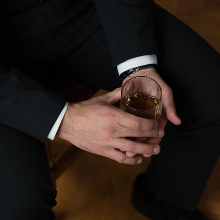 Man in suit holding a glass of amber liquid, relaxed pose.の写真素材