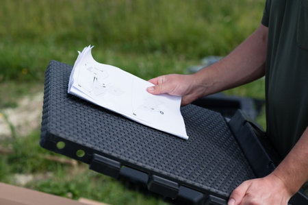 Person assembling outdoor furniture, following instructions.の写真素材