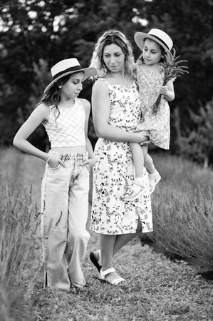 A black and white photo of a woman and her two daughters walking through a field of lavender. They wear summer dresses and hats, enjoying the peaceful atmosphere.の写真素材
