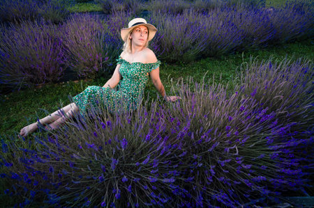 A serene scene of a young woman wearing a green floral dress and a straw hat, relaxing in a lush lavender field. The purple flowers create a beautiful backdrop.の写真素材