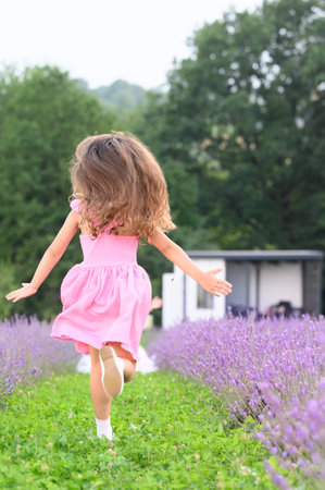 Child running through a lavender field, summer joy and carefree fun.の写真素材
