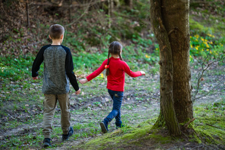 Two young siblings, a boy and a girl, walk hand-in-hand along a trail in a forest. The scene is peaceful and evokes a sense of childhood adventure.の写真素材