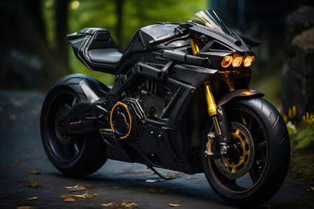 A high-performance motorcycle, predominantly black with gold detailing, is showcased on a paved road. The bike's sleek design and powerful engine are evident.の素材