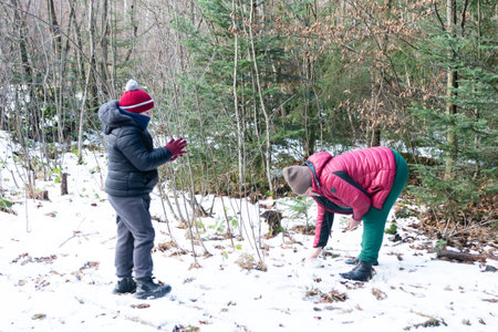Two young people bundled in winter clothing enjoy a snowy woodland scene. One child seems to be...