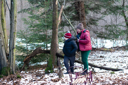 A woman and child walk through a snow-dusted forest. The child is bundled in winter clothes. A wooden sled lies discarded nearby, hinting at prior winter fun.の写真素材
