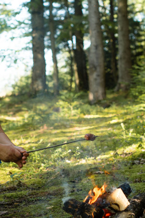 Roasting a sausage over a campfire in a forest setting.の写真素材