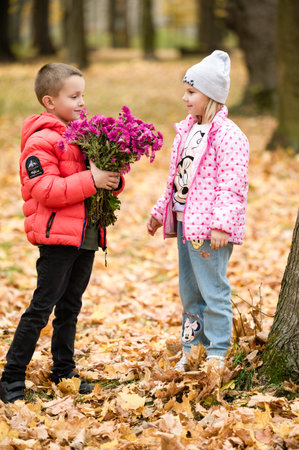 Ivano-Frankivsk, Ukraine January 15, 2024:Boy giving girl flowers in autumn park. A sweet moment of childhood friendship amidst fallen leaves.のeditorial素材
