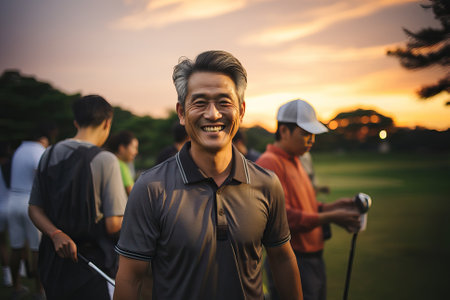 Smiling man of Asian appearance on golf course, spectator of golf game.の素材
