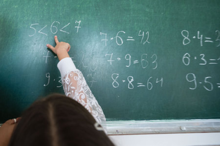 A child's hand points to a chalkboard with math problems, highlighting education. The scene captures...