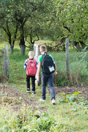 Two young boys with backpacks walk through a small wooden gate into a garden or orchard, surrounded by lush greenery. Trees are overhead. Focused on exploration and childhood.の写真素材