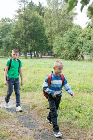 Two young boys with backpacks are walking along a small, narrow path with grass on either side. The background features tall trees and foliage, suggesting a park or wooded area, heading to school.の写真素材