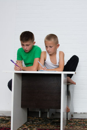 In a brightly lit room, two young boys sit side by side at a desk, focused on their work. One wears a green shirt, the other a white tank top, both intently writing on paper.の写真素材